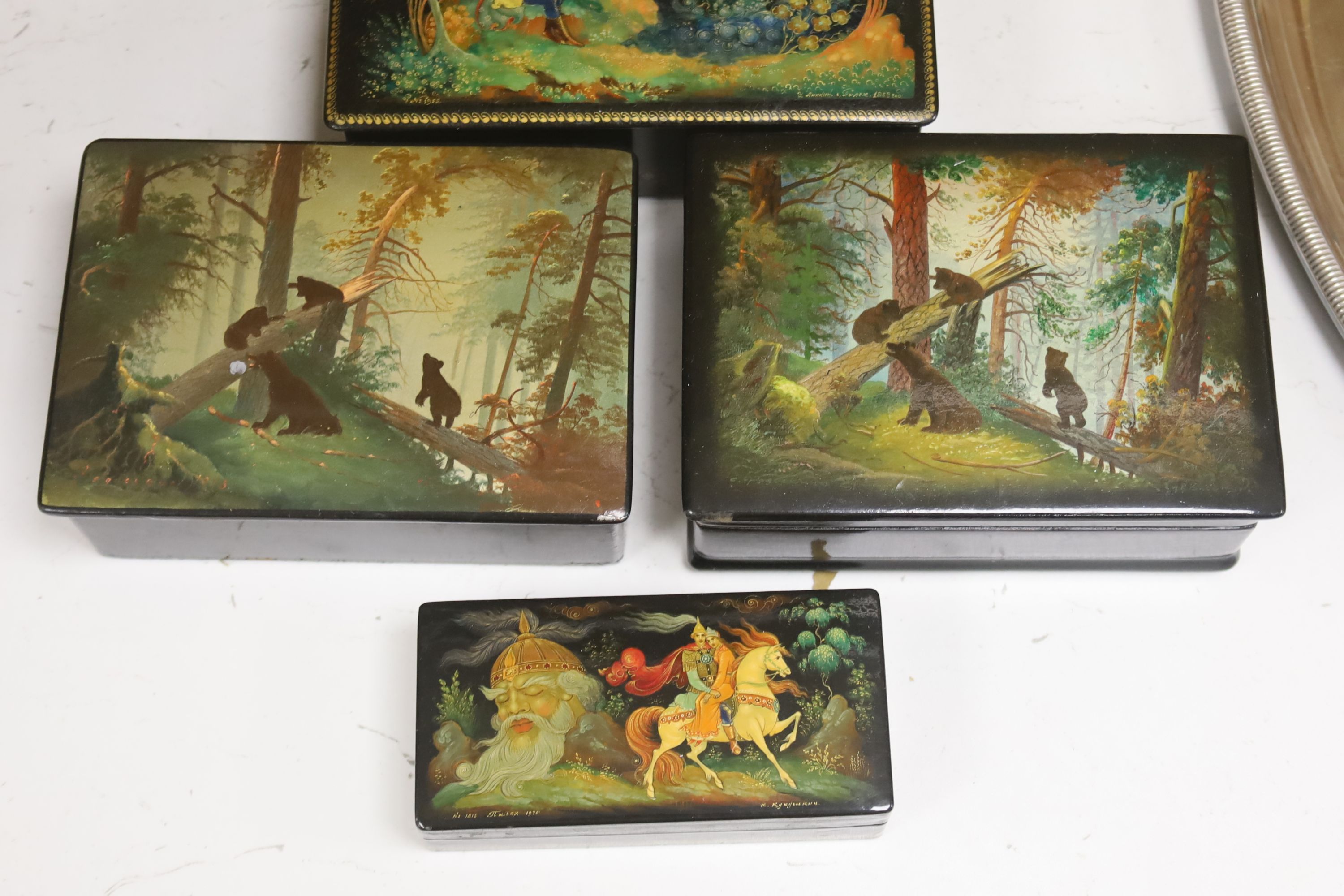 Six various Russian painted papier mache boxes